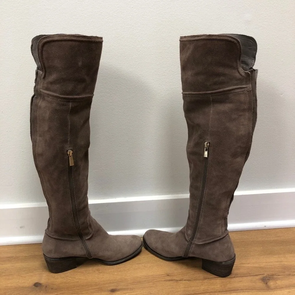 Vince Camuto Over the Knee Boots Womens 8M Taupe Suede Low Heel OTK Zipper